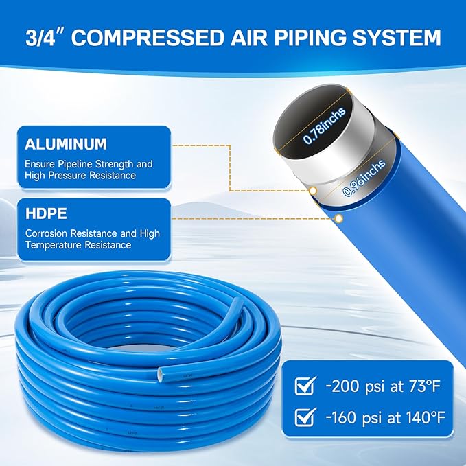 3/4"×100&200&300ft Compressed Air Line Kit for Shop/Garage, Hdpe-Aluminum Rapid Air System Includes Right Angle Fittings and Tee Fittings, Compressed Air Piping System Leak Proof&Easy to Install