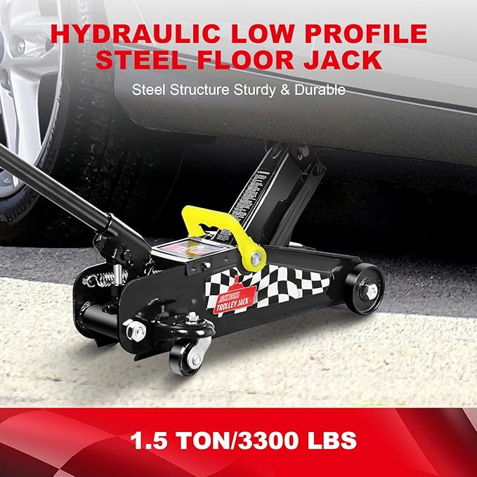 Floor Jack 1.5 Ton (3,000 LBs) Hydraulic Car Jack, Lifting Range from 5.1 Inch to 12.6 Inch, Fits Sedans Automotive Black