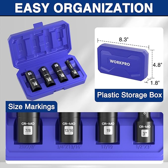 WORKPRO 4PCS Impact Socket Set 1/2" Drive, Lug Nut Socket Set, Wheel Socket Set Cr-Mo Steel, Includes 1PC 3" Extension Bar & 3PSC Flip Sockets of 6 Metric and SAE Sizes