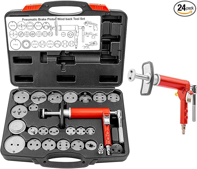 Pneumatic Brake Caliper Compression Tool, 24-Piece Air Operated Disc Brake Piston Wind Back Air Retractor Rewind Spreader Tool Set with Compression Spreading Tool for Auto Brake Repair
