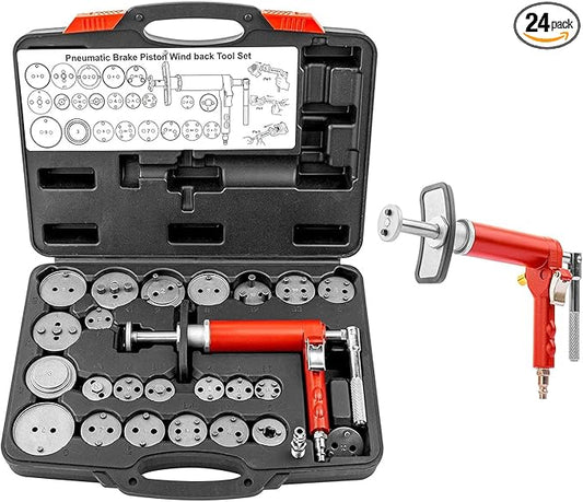 Pneumatic Brake Caliper Compression Tool, 24-Piece Air Operated Disc Brake Piston Wind Back Air Retractor Rewind Spreader Tool Set with Compression Spreading Tool for Auto Brake Repair