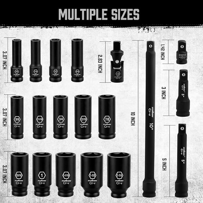 HORUSDY 19-Piece 1/2 Impact Socket Set | SAE (3/8-Inch to 1-1/14") | 6 Point Impact Socket Set 1/2 Drive with Case | Cr-V Steel | 3", 5", and 10" Impact Extension Bars
