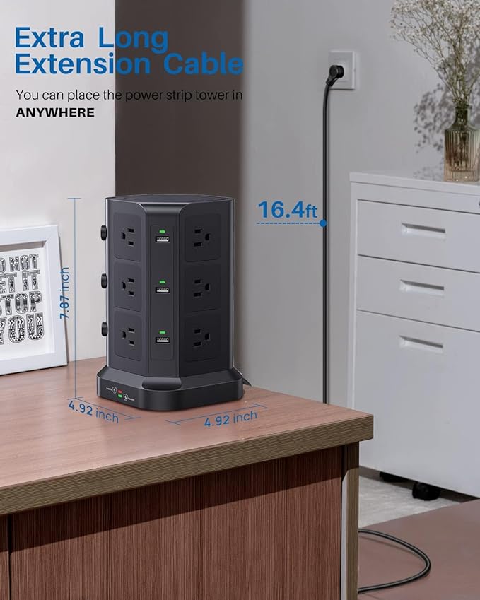 Surge Protector Power Strip Tower, KOOSLA 16.4 FT Extra Long Cord Flat Plug - [15A 1500J] Heavy-Duty 12 Widely Multiple Outlets & 6 USB Charging Station for Home, Office, Dorm Black
