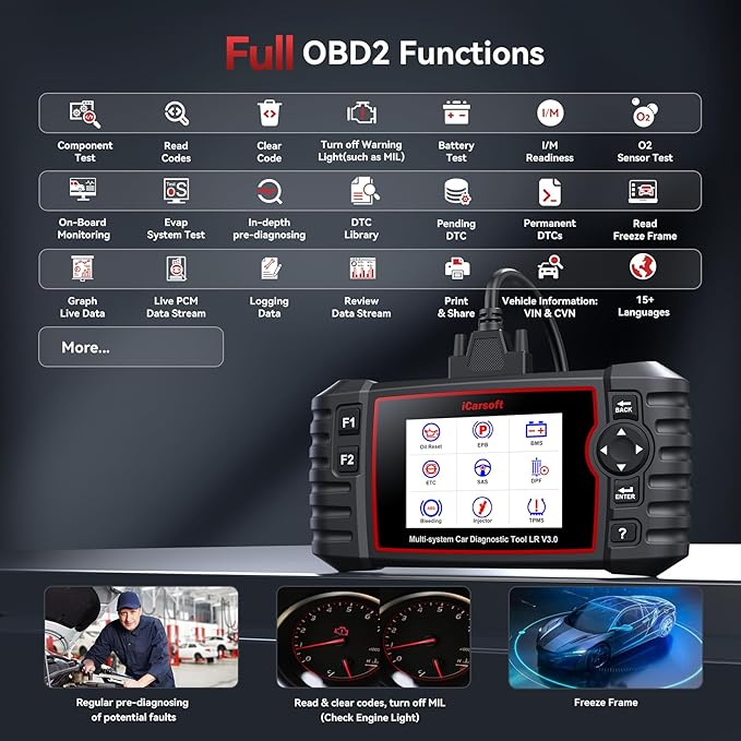 iCarsoft Bidirectional OBD2 Scanner for Land Rover/Jaguar, Full Systems in-Depth Diagnostic Scan Tool, 38 Resets/118 Graphic Data, ABS SRS Engine Transmission Code Reader -LR V3.0 (2025)