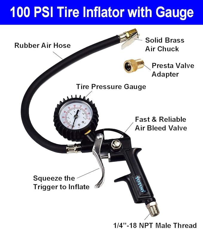 YOTOO Heavy Duty Air Compressor Accessories Kit 20 Pieces with 1/4 inch x 25 feet Polyurethane Air Compressor Hose, 100 PSI Tire Inflator Gauge, Air Blow Gun and Air Hose Fittings
