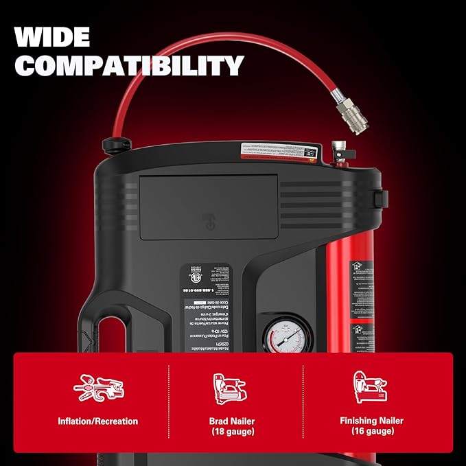 Portable Air Compressor, Wall-Mount with 30 Feet Air Hose, Mini Tank 125 PSI MAX Pressure & 1.5 HP, Oil-free Long Life Cycle for Shop, Garage and Home