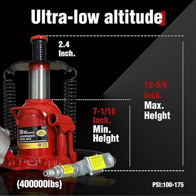 BIG RED TQ20006D-1 Torin Welded Low Profile Pneumatic Hydraulic Car Bottle Jack: Aluminum Alloy Pump and Unique Slow Release Equipment for Auto Repair and House Lift, 20 Ton (40,000 LBs) Capacity, Red
