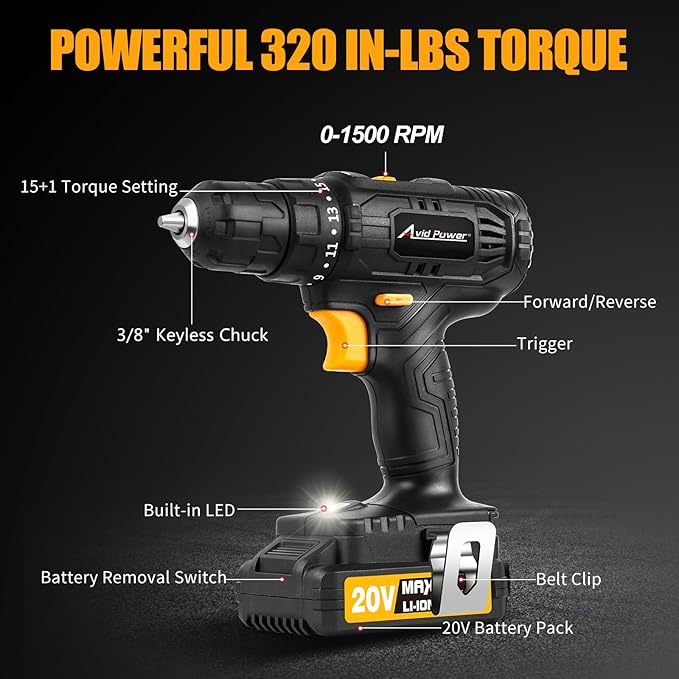 AVID POWER 20V Cordless Drill Set 320 In-lbs Torque Power Drill/Driver Kit with 2 Variable Speed, 3/8'' Keyless Chuck