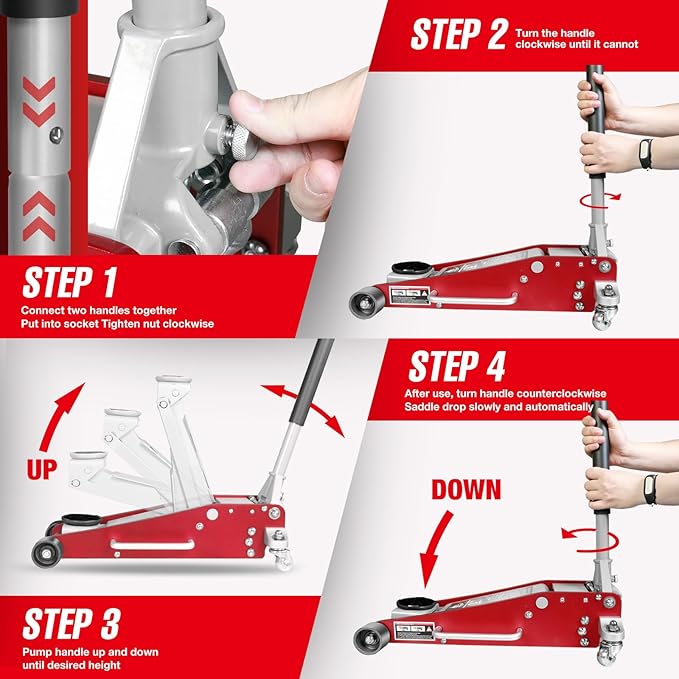 3 Ton Low Profile, Aluminum and Steel Racing Floor Jack with Dual Pistons Quick Lift Pump for Sport Utility Vehicle, Lifting Range 3-15/16" min to 18-5/16" max, Red