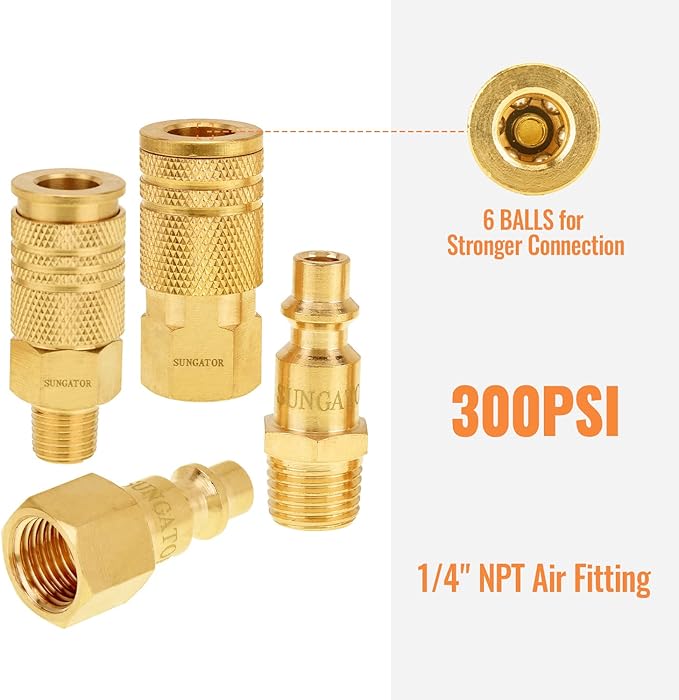 SUNGATOR Air Hose Fittings 1/4" NPT, 16-Piece Solid Brass Quick Connect Air Line Fittings, 1/4 Inch Compressor Accessories, Coupler and Plug Kit, 1/4'' Quick Connect Hose Repair Kit