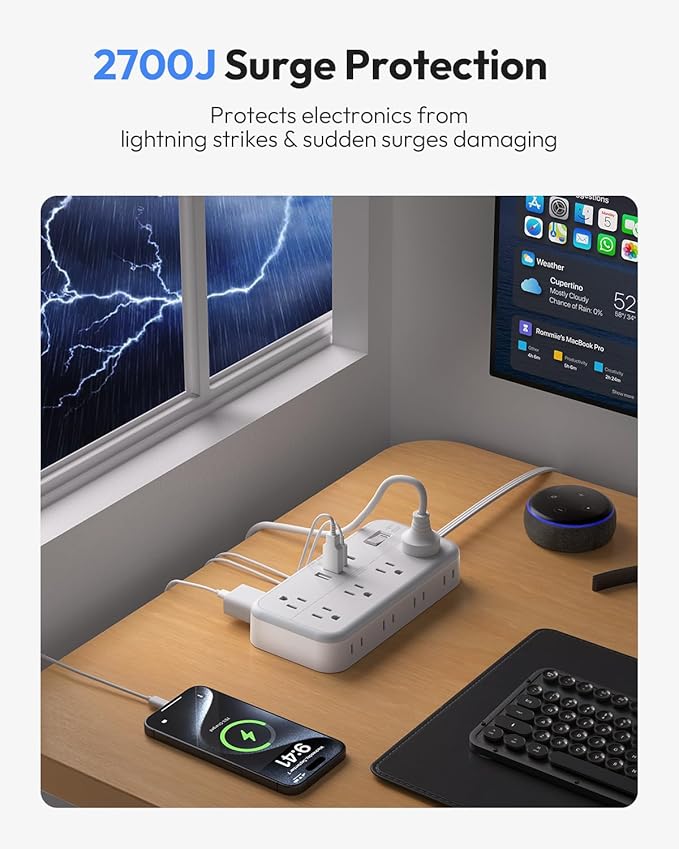 Flat Extension Cord 15 FT, NTONPOWER Surge Protector Power Strip with 10 Widely Outlets 4 USB Ports (2 USB C), 3 Side, Overload Protection, 2700J, Wall Mount, Multiple Outlets for Home Office, White