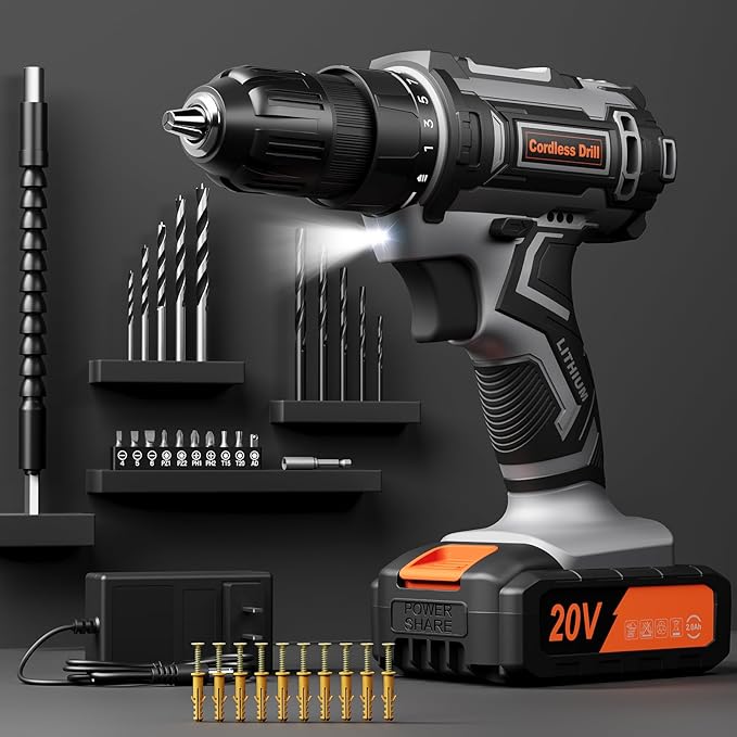 Cordless Drill Set, 20V Power Drill with Battery 2.0Ah and Charger, 3/8-Inch Keyless Chuck Electric Drill, 25+1 Torque, 42pcs Drill Driver Bits/Screws for DIY Projects (Gray)