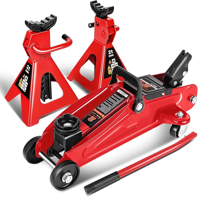 DNA MOTORING Low Profile Hydraulic Trolley Service/Floor Jack Combo with 2 Ratchet Jack Stands, 2 Ton (4000 lbs) Capacity,Red, TOOLS-00476-RD