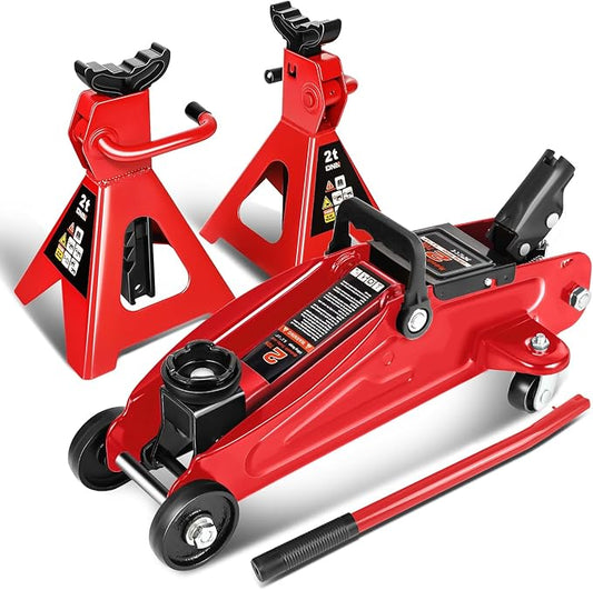 DNA MOTORING Low Profile Hydraulic Trolley Service/Floor Jack Combo with 2 Ratchet Jack Stands, 2 Ton (4000 lbs) Capacity,Red, TOOLS-00476-RD