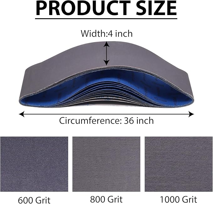 4 x 36 Inch Sanding Belts, Silicon Carbide Knife Sharpening Sanding Belt, 4 Pcs Each of 600, 800, 1000 Grits Sanding Belt for Belt Sander, 12 Pack