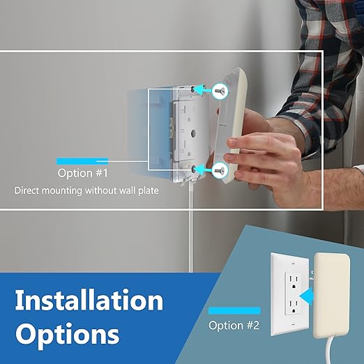 LIDER Flat-Face Outlet Extender with 3 Receptacles, Ultra-Thin Wall Plate Plug with Cord Extender and 3-Outlet Power Strip, 3ft Cord, LWE3-315-LA, Light Almond