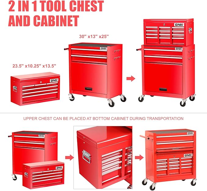 DNA MOTORING TOOLS-00265 2 Pcs Combination Tool Rolling Cabinet 2-in-1 Detachable Toolbox Organizer Chest High Capacity Storage with Locking System, Red