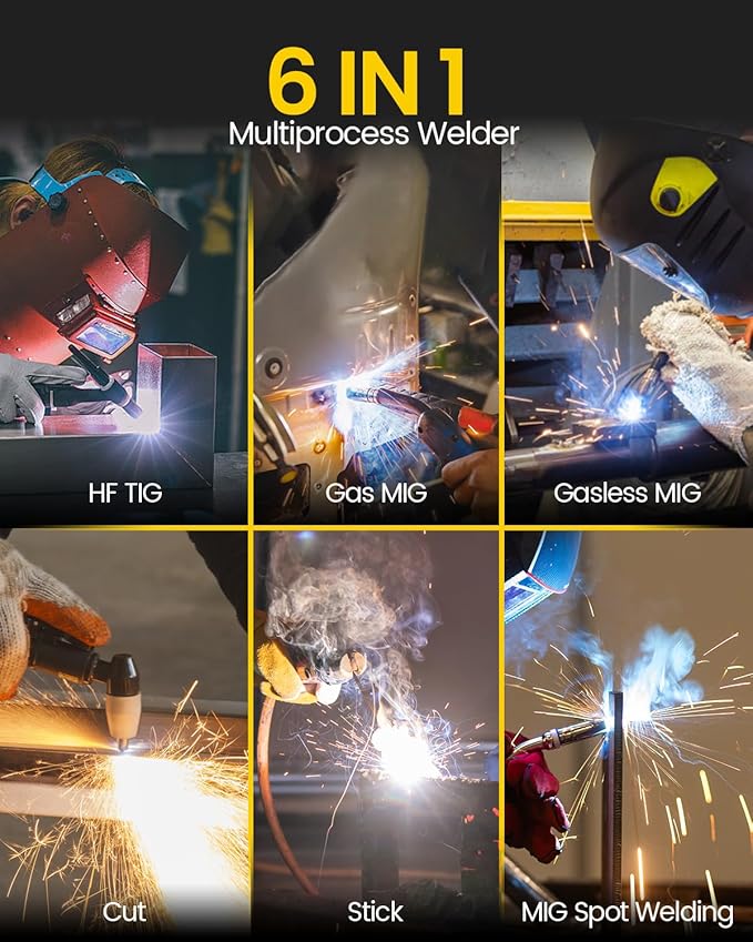 HZXVOGEN MIG Welder, 200A 6 in 1 Gas MIG/Gasless MIG/HF TIG/Stick/Spot/CUT 220V Aluminum Multi Process Welder Machine 40Amp Plasma Cutter Welder Combo Max Cut 15mm