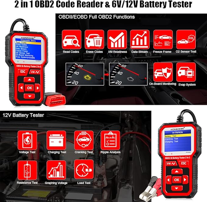 KONNWEI KW681 OBD2 Scanner 6V 12V Car Battery Tester, 2 in 1 Car Diagnostic Scanner Automotive Battery Alternator Load Tester Check Engine Code Reader Scan Tool