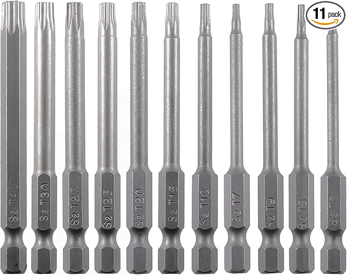 Security Torx Screwdriver Bit Set 11PCS 1/4 Inch Hex Shank 3 Inch/75 mm Length S2 Steel Tamper Proof Star 6 Point with Magnetic for Power Screwdriver Drill Impact Driver