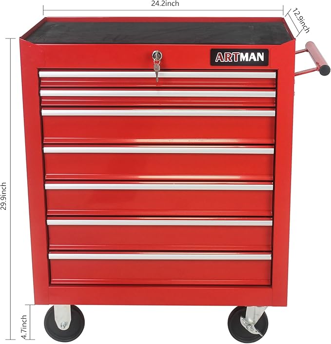 Rolling Tool Chest Metal Tool Box with Wheels Tool Cabinet Craftsman Tool Cart on Wheels Tool Box Portable Tool Box with Wheels 7 Drawers Multifunctional Tool Cart with Wheels, Red