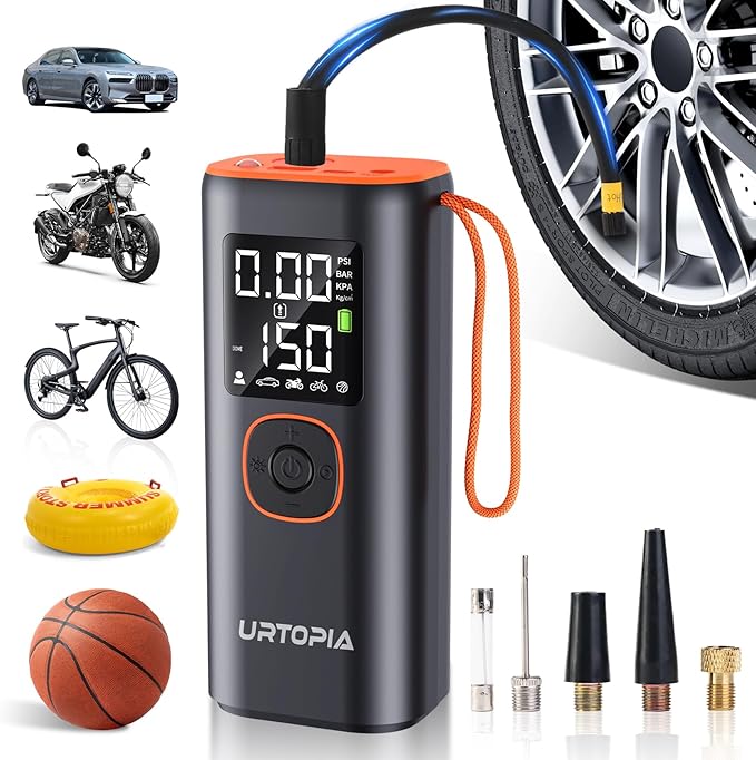 Tire Inflator Portable Air Compressor, 150PSI Electric Air Pump for Car Tires with Tire Pressure Gauge, Auto Shutoff, 5 Modes, LED Light, Rechargeable Car Tire Pump for Car, Motorcycle, Bike, Ball