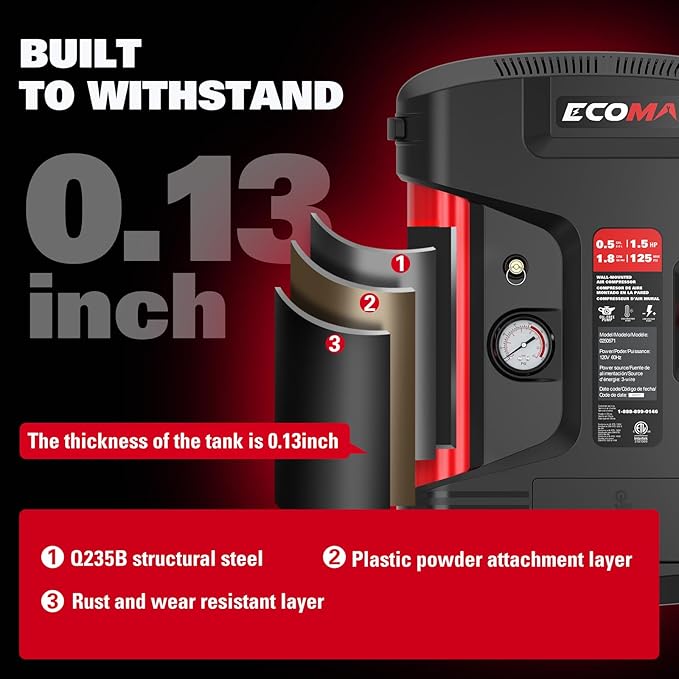 Portable Air Compressor, Wall-Mount with 30 Feet Air Hose, Mini Tank 125 PSI MAX Pressure & 1.5 HP, Oil-free Long Life Cycle for Shop, Garage and Home