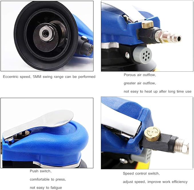 Professional Air Random Orbital Sander, Heavy Duty Dual Action Pneumatic Palm Sander (5 inch, Blue)