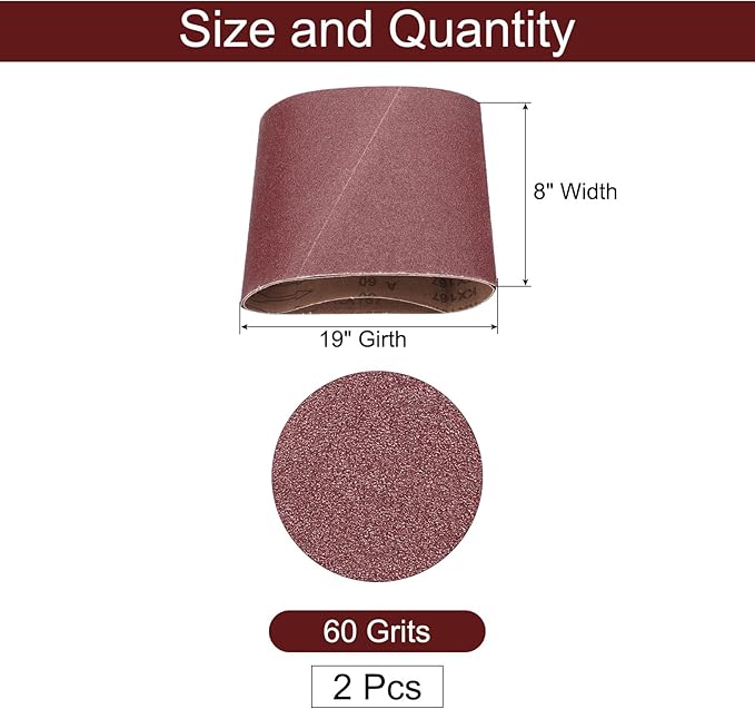 uxcell 2pcs 8" x 19" Sanding Belts 60 Grits Aluminum Oxide Abrasive Belt Sander Paper Sanding Papers for Metal Wood Grinding Polishing, Reddish Brown