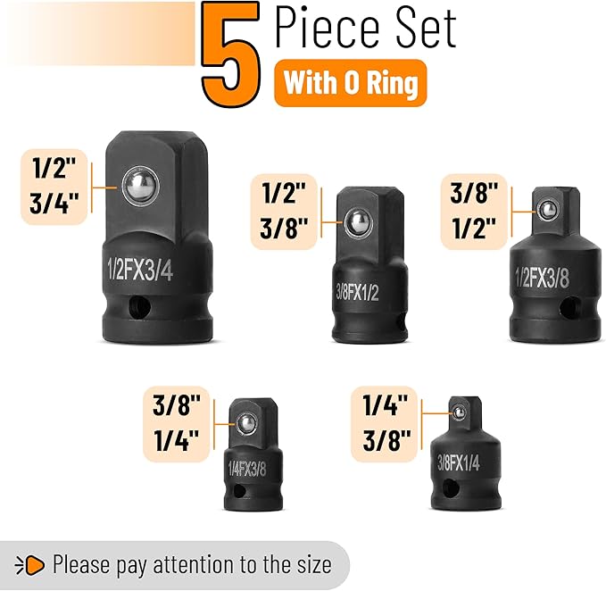 Bates- Impact Socket Adapter and Reducer Set, 5 pcs, 1/4", 3/8", 1/2", 3/4" Drive Impact Socket Adapter Set, 1/2 to 3/8 Socket Adapter, 3/8 to 1/2 Socket Adapter, 1/2 to 3/8 Impact Adapter Set