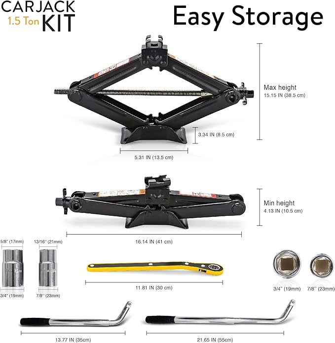 Car Jack Kit | Scissor Jack for Car 1.5 Ton (3,300 lbs) - Tire Jack Tool Kit | Portable, Ideal for SUV and Auto - Universal Car Emergency Kit with Lug Wrench | Heavy Duty Material