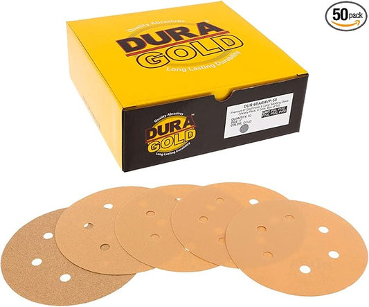 Dura-Gold Premium 80, 120, 220, 320, 400 Grit 6" Gold Sandpaper Discs, 6 Hole Pattern Dustless, 10 Each, 50 Total - Hook & Loop Backing for DA Sander, Sanding Automotive Paint, Woodworking Wood, Metal