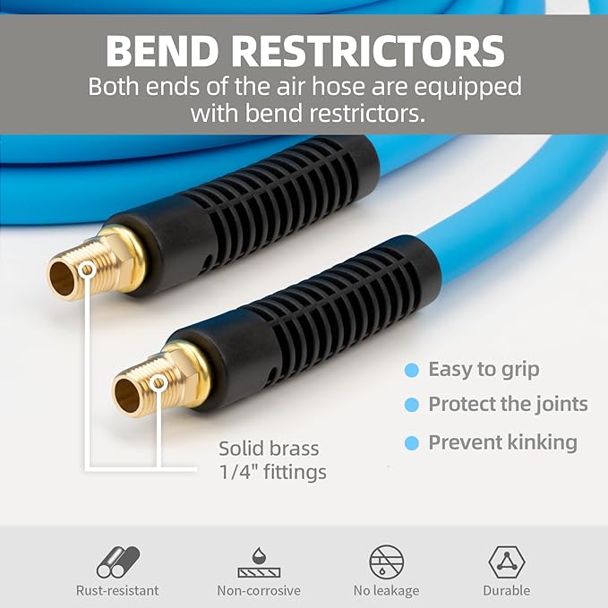 FEVONE 3/8'' x 50 ft Air Hose for Compressor, 2-Year Warranty 1/4'' MNPT Brass Fittings, 300PSI, Hybrid Polymer Pneumatic Air Tool Hose, Blue