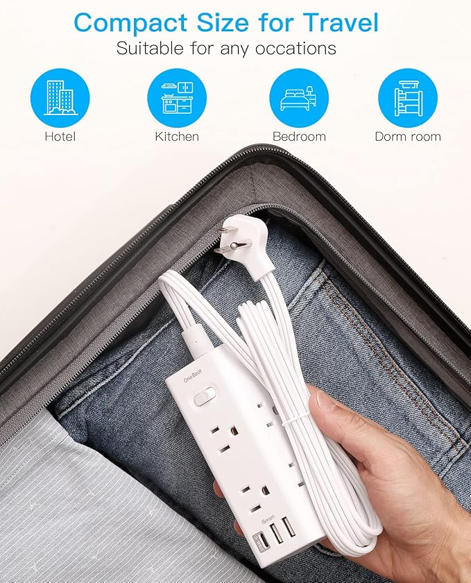 20Ft Extension Cord with Multiple Outlets, Flat Plug Power Strip Surge Protector with 20 Ft Long Cord, 6 Outlet 3 USB Ports (1 USB C), Multi Outlet Wall Plug for Travel, College, Dorm Room Essentials