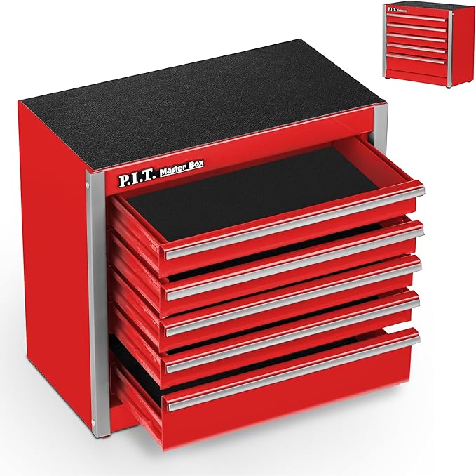 P.I.T. Mini Red Tool Box, Portable 5-Drawer Micro Roll Cab Steel Stackable Tool Box with Liner, Red Small Tool Case for Tools Storage and Organizers, Home DIY