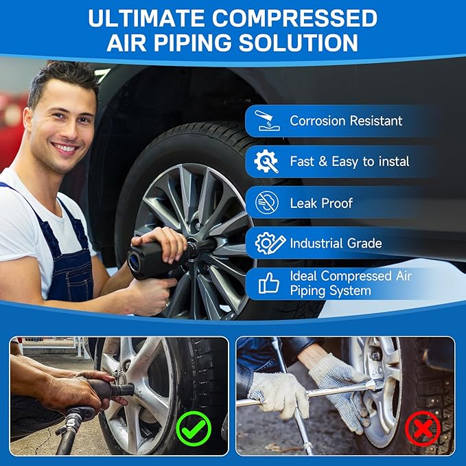 3/4"×100&200&300ft Compressed Air Line Kit for Shop/Garage, Hdpe-Aluminum Rapid Air System Includes Right Angle Fittings and Tee Fittings, Compressed Air Piping System Leak Proof&Easy to Install