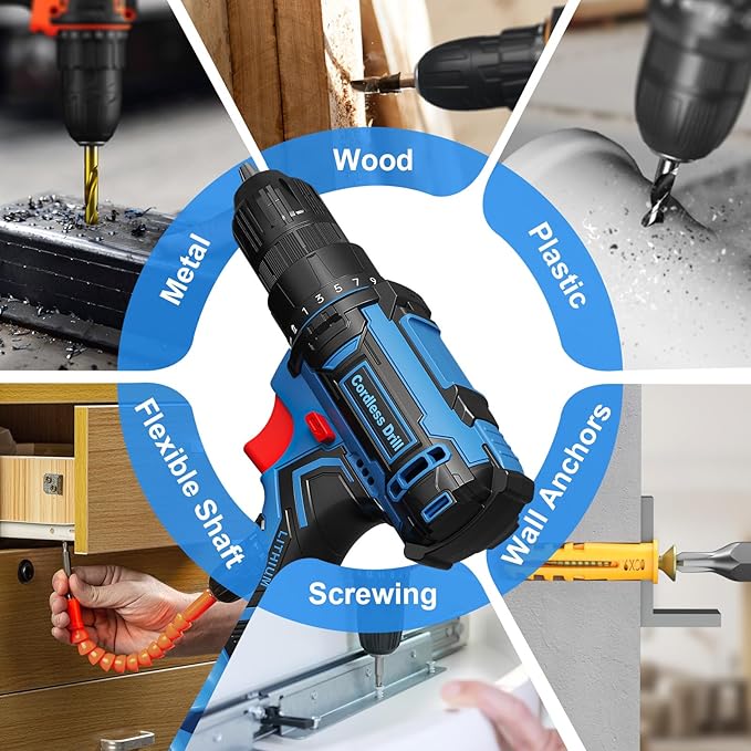 Cordless Drill Set, 20V Power Drill with Battery 2.0Ah and Charger, 3/8-Inch Keyless Chuck Electric Drill, 25+1 Torque, 42pcs Drill Driver Bits/Screws for DIY Projects (Blue)
