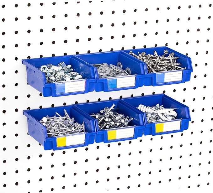 Pegboard Bins - 6 Pack Blue - Hooks to Any Peg Board - Organize Hardware, Accessories, Attachments, Workbench, Garage Storage, Craft Room, Tool Shed, Hobby Supplies, Small Parts