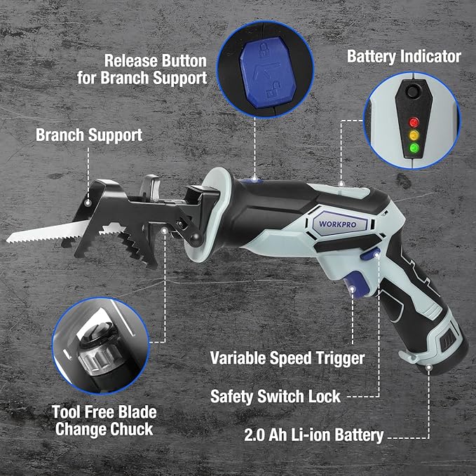 WORKPRO 12V Cordless Reciprocating Saw with Clamping Jaw, 2.0Ah Li-Ion Battery with 1 Hour Fast Charger, Variable Speed and Tool-Free Blade Change, 3 Saw Blades for Wood & Metal Cutting