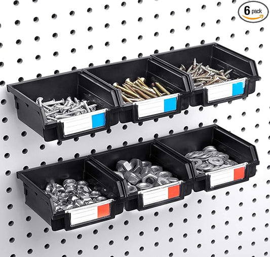 Pegboard Bins - 6 Pack Black - Hooks to Any Peg Board - Organize Hardware, Accessories, Attachments, Workbench, Garage Storage, Craft Room, Tool Shed, Hobby Supplies, Small Parts