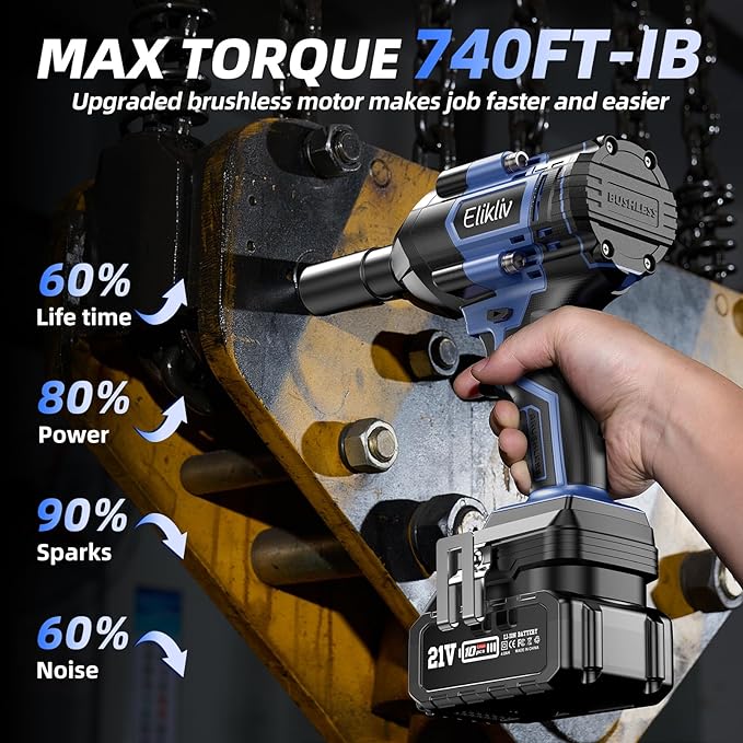 Elikliv Cordless Brushless Impact Wrench 1/2 inch, Max Torque 1000N.m, 740Ft-lbs 21V Electric Power Impact Gun, 2x 4000mAh Battery, Fast Charger, 4 Sockets set, Power Impact Driver for Car Tires Home