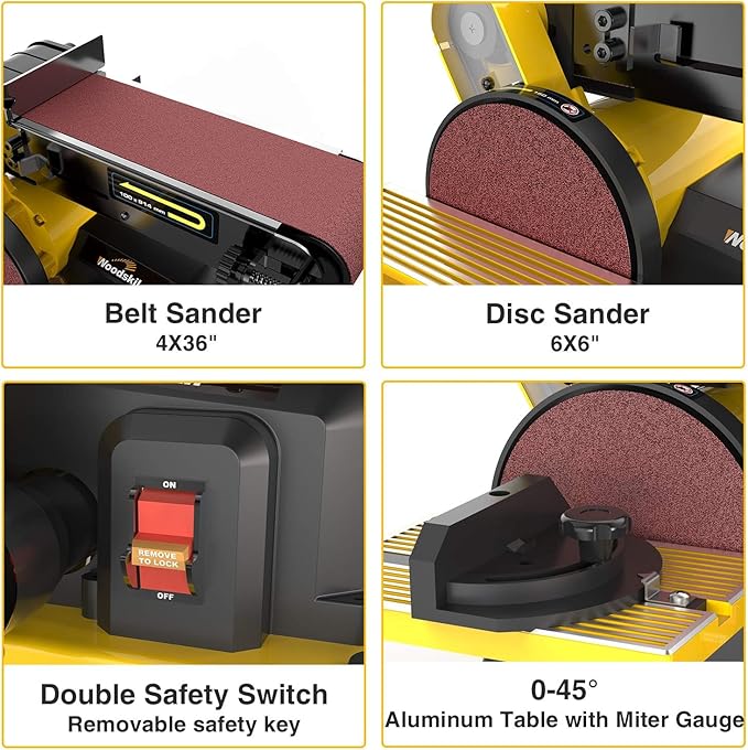 4.3A Belt Sander, 4 x 36 in. Belt & 6 in. Disc Sander, Double Dust Exhaust Port, Steel Base, 2Pcs Sandpapers Included