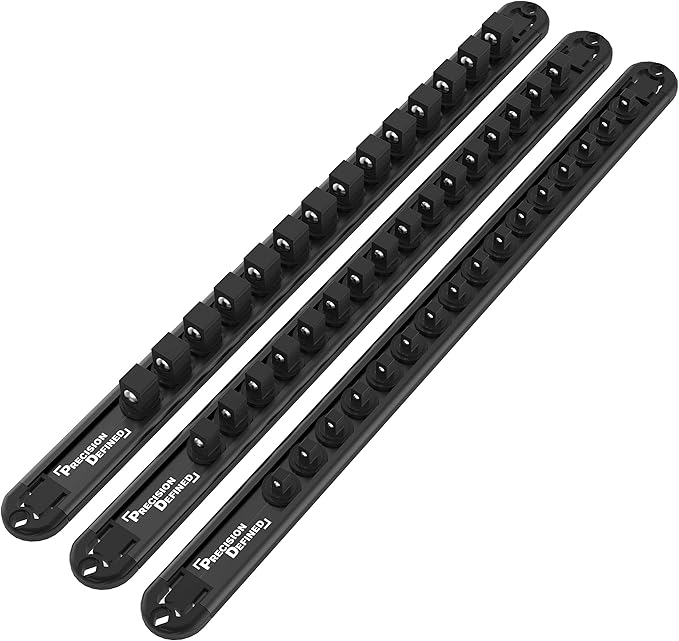 Precision Defined Aluminum Tool Socket Holder 3-Piece Set | Black, 1/4-Inch x 16 Clips, 3/8-Inch x 16 Clips, 1/2-Inch x 14 Clips | 360 Rotation - Heavy Duty Socket Rails Organizer, Socket Storage