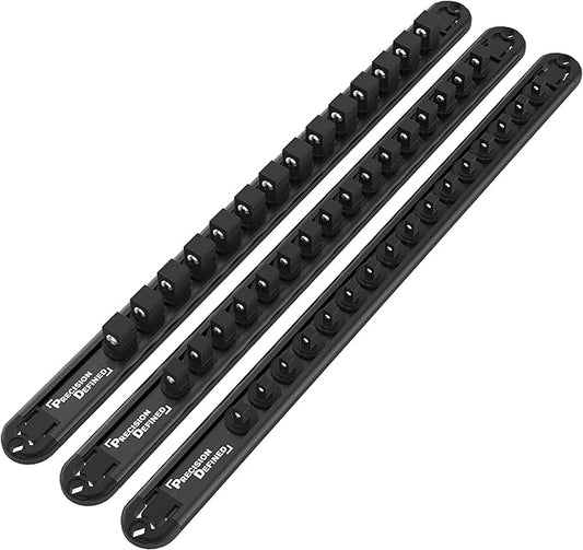 Precision Defined Aluminum Tool Socket Holder 3-Piece Set | Black, 1/4-Inch x 16 Clips, 3/8-Inch x 16 Clips, 1/2-Inch x 14 Clips | 360 Rotation - Heavy Duty Socket Rails Organizer, Socket Storage