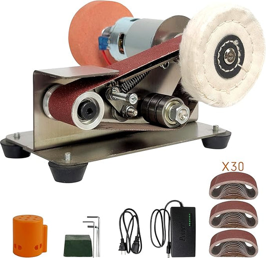 Mini Belt Sander, Electric Spindle Sander, 15° belt sander for knife making, 7 Adjustable Speed Knife Polishing Kit, Power Belt Sanders for Metal Working, DIY (6.5 Inch Mini Belt Sander)