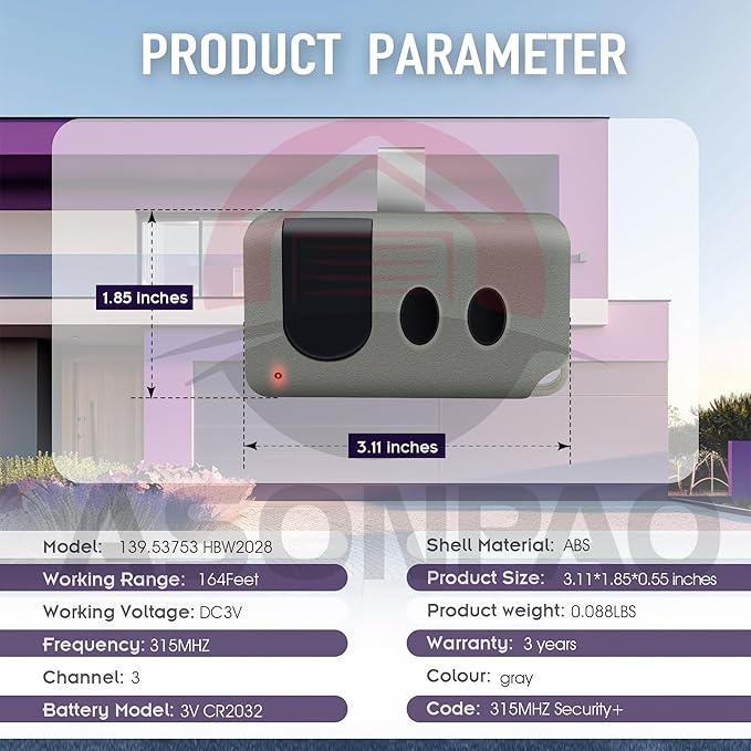 2 X 139.53753 HBW2028 Sears Craftsman Garage Door Opener Remote 315MHZ(Purple Learn Button) 3-Year-Warranty