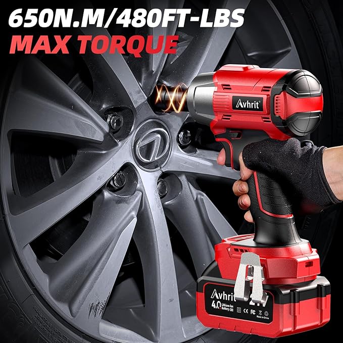 Cordless Impact Wrench, 480Ft-lbs (650N.m) 1/2 Inch Impact Gun Brushless, 3300RPM Electric Impact Wrench, 2x 4.0Ah Batteries, 4 Sockets, Charger, Power Impact Driver for Car Home