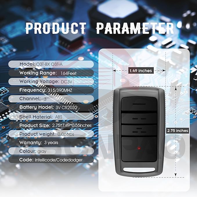 3 for O3T-BX O3T-A Overhead Door Garage Door Opener Remote 3-Year-Warranty Auto-Seek 315/390MHZ