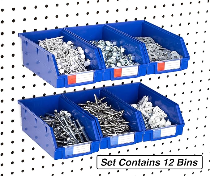 Pegboard Bins – 12 Pack Blue Extra Large - Hooks to Any Peg Board - Organize Hardware, Accessories, Attachments, Workbench, Garage Storage, Craft Room, Tool Shed, Hobby Supplies, Parts
