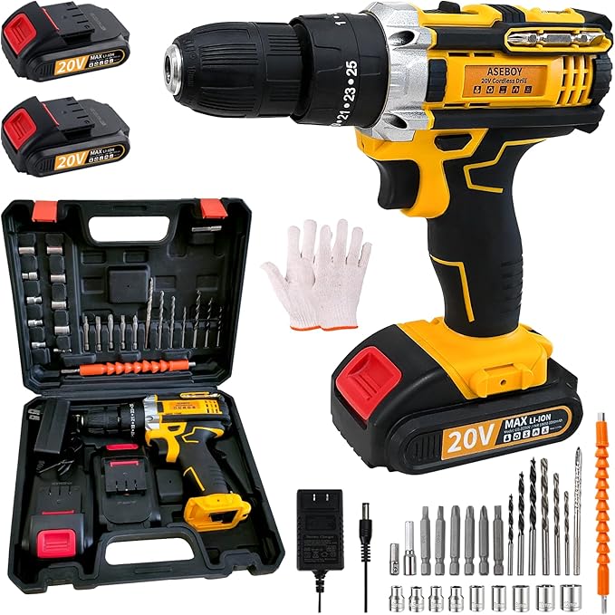 Cordless Drill with Battery and Charger, Power Drill Cordless, Electric drill Set with 3/8 Keyless Chuck, 25+3 Torque Settings for Screwdriving, Drilling (2 Batteries)